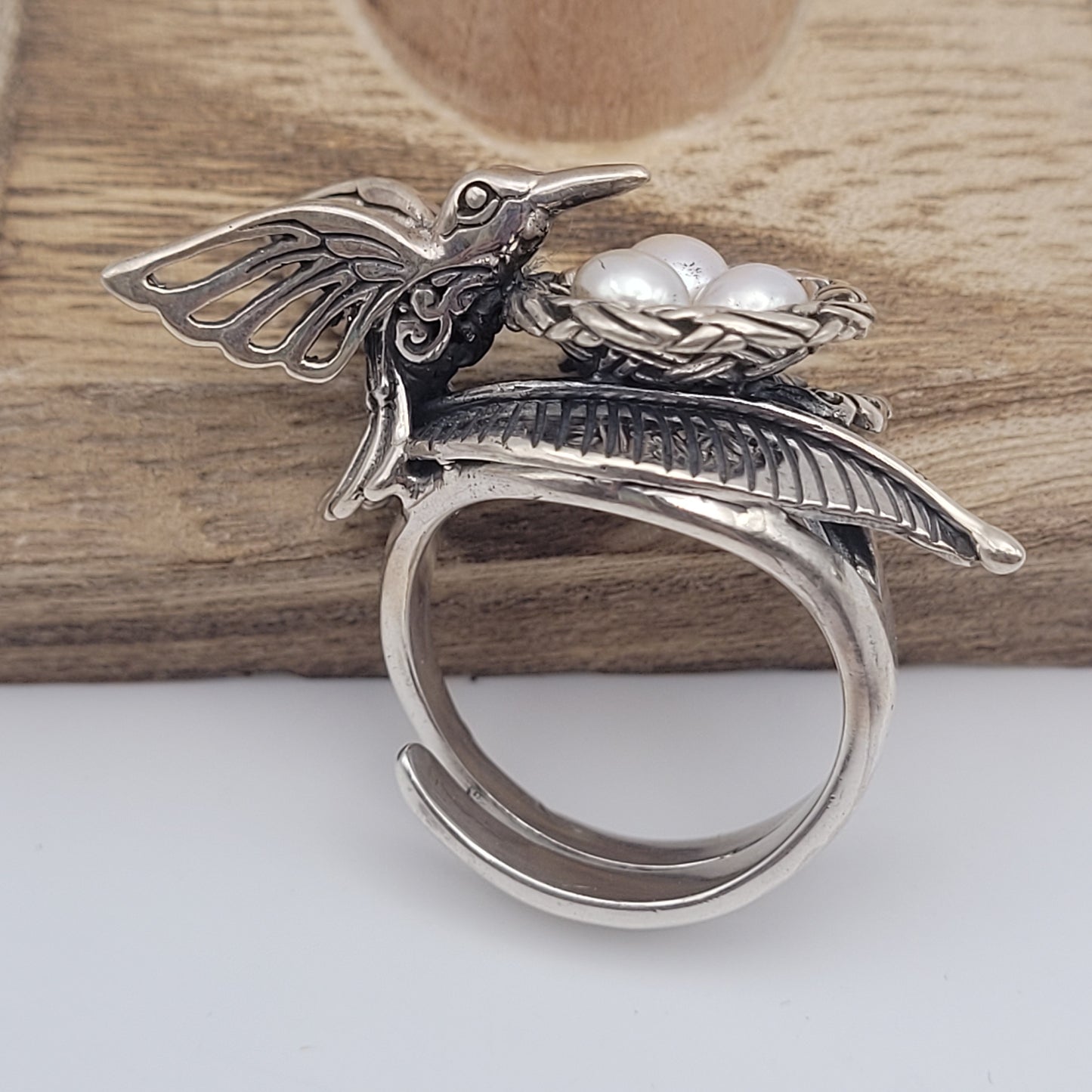 Sterling Silver Hummingbird With Nest Ring.