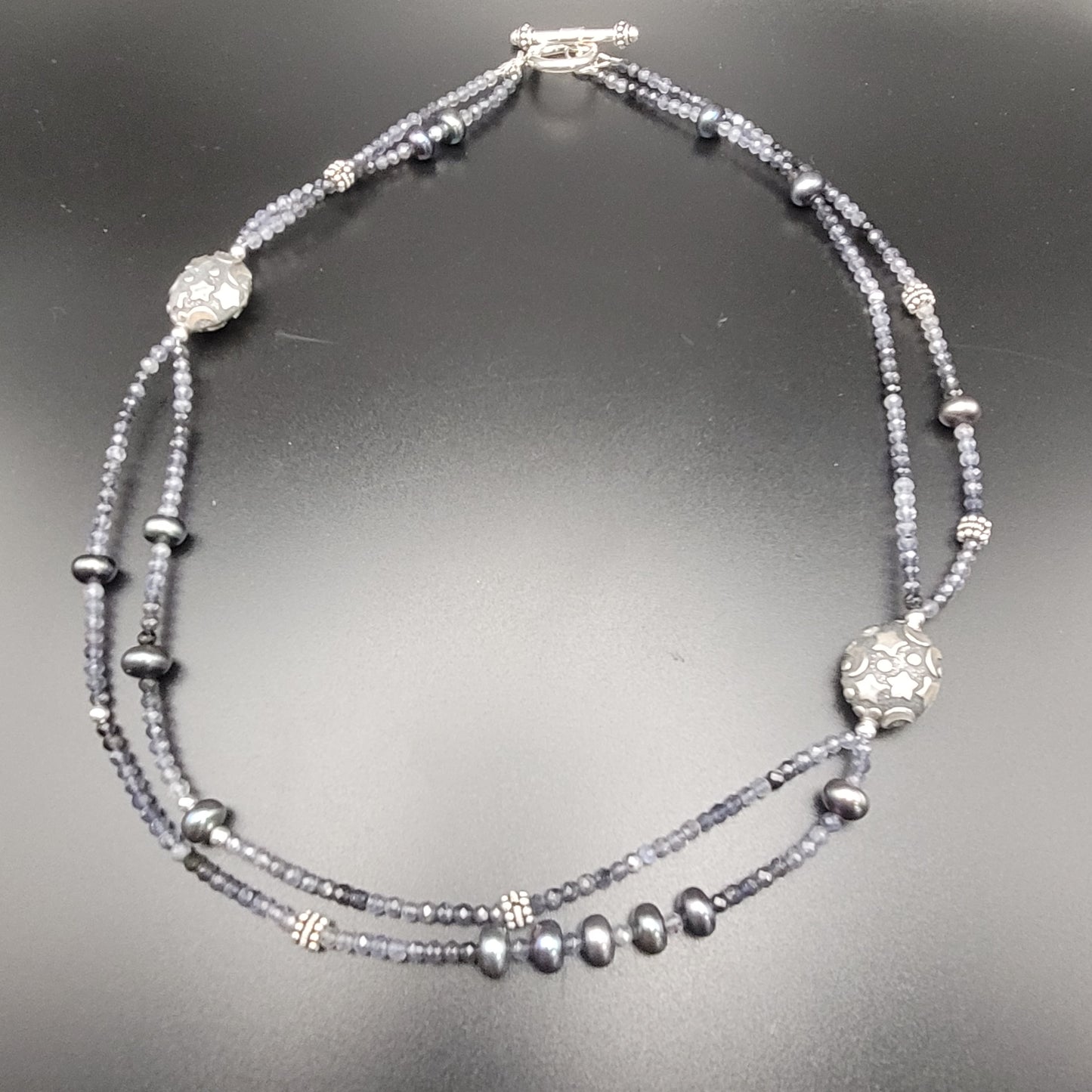 Sterling Silver Iolite and Pearl Necklace.