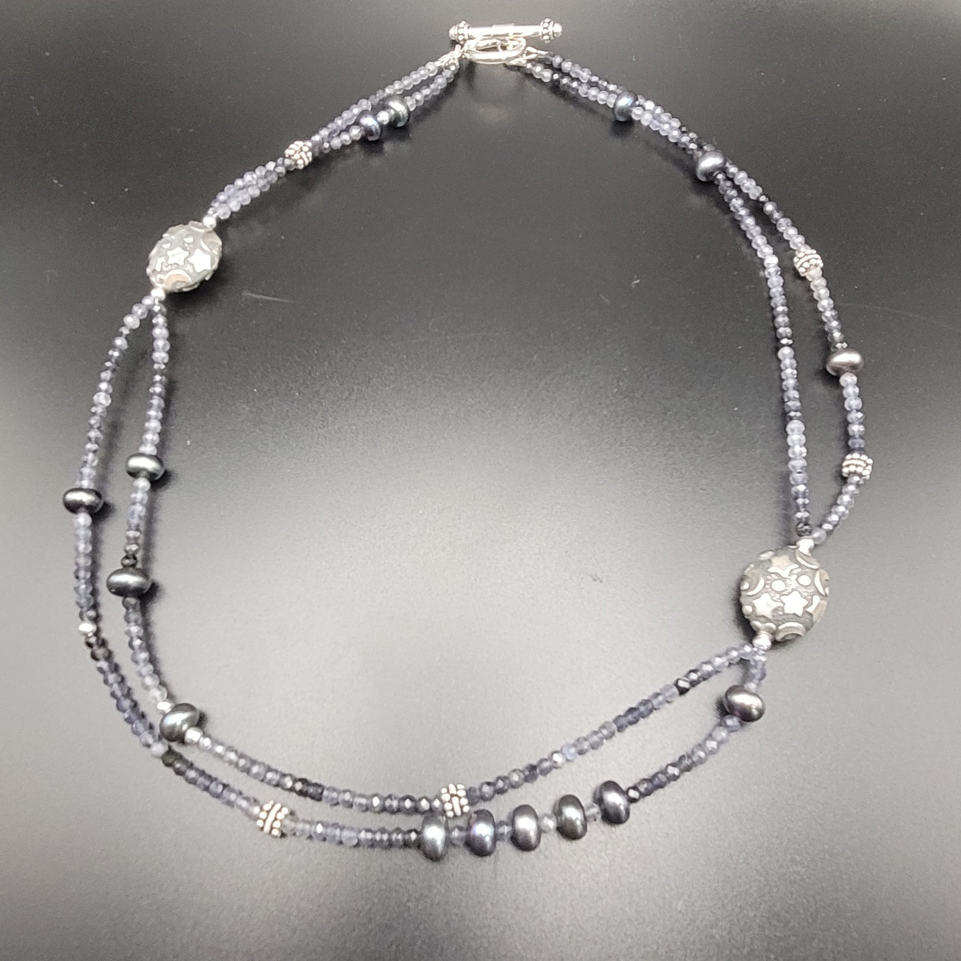 Sterling Silver Iolite and Pearl Necklace.