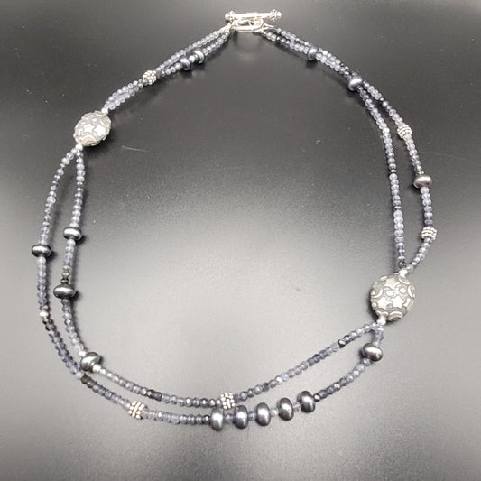 Sterling Silver Iolite and Pearl Necklace.
