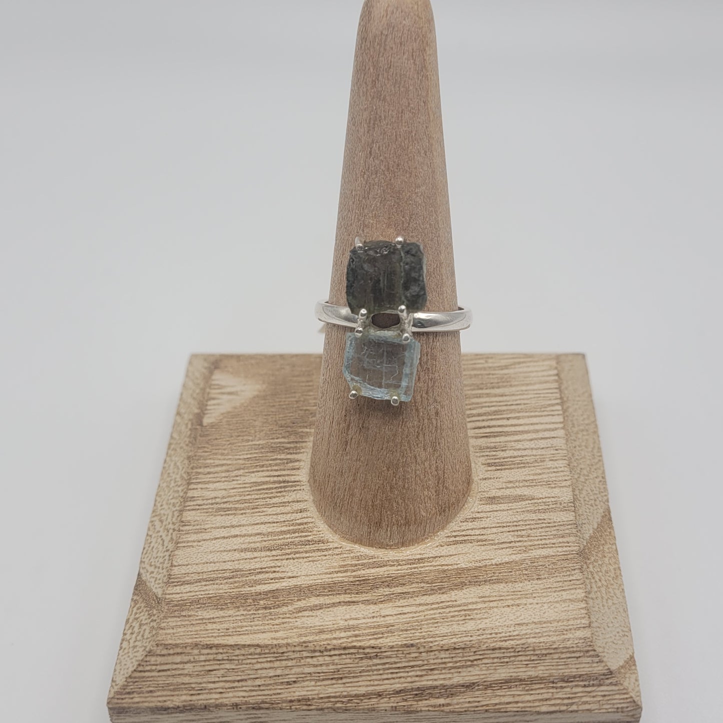Unique Sterling Silver Moldavite Aquamarine Ring Size 9.