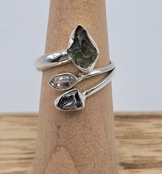 Sterling Silver Moldavite, Meteorite, and Herkimer Diamond Ring. Size 5