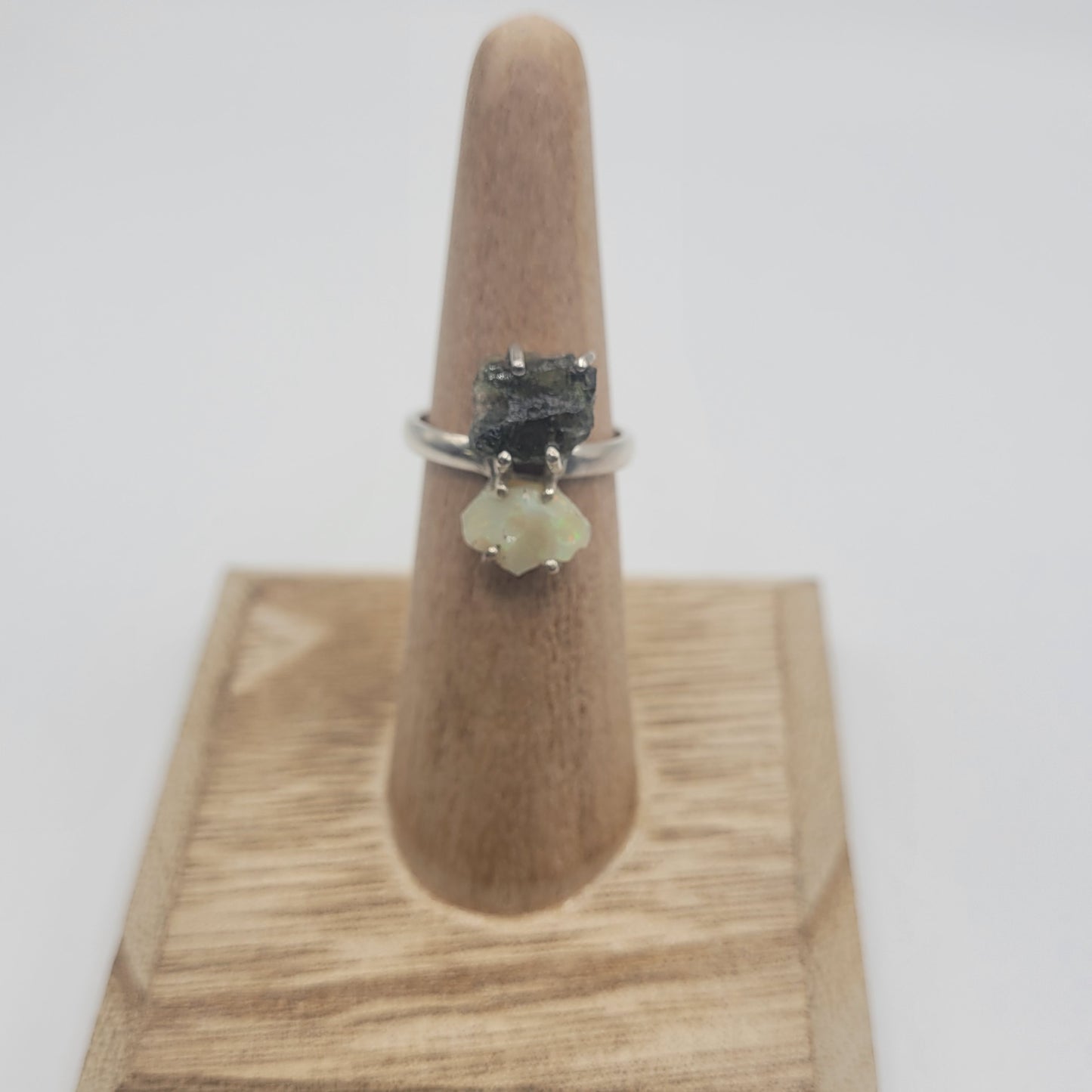 Unique Sterling Silver Moldavite Opal Ring Size 5.