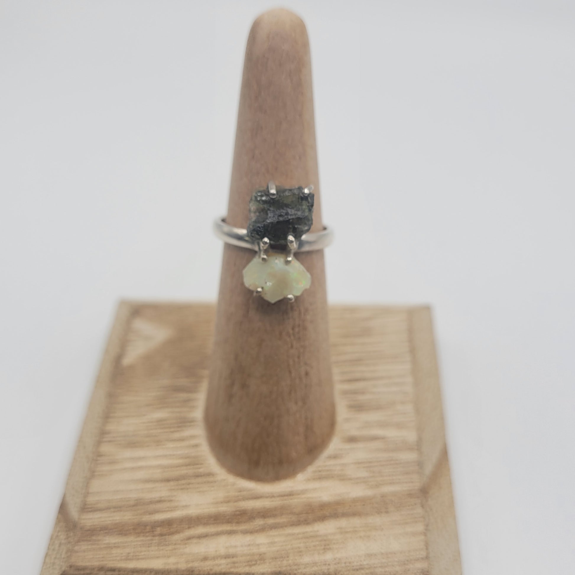 Unique Sterling Silver Moldavite Opal Ring Size 5.