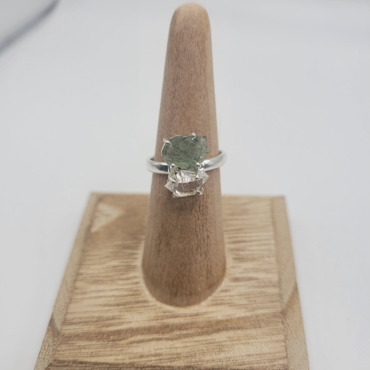 Unique Sterling Silver Moldavite Pakimer Diamond Ring Size 9.