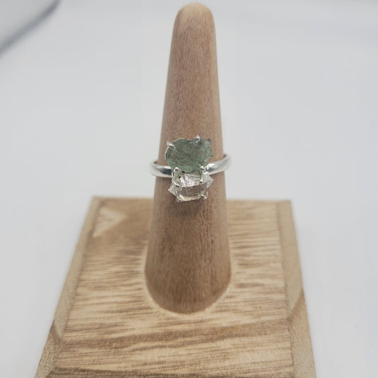Unique Sterling Silver Moldavite Pakimer Diamond Ring Size 9.