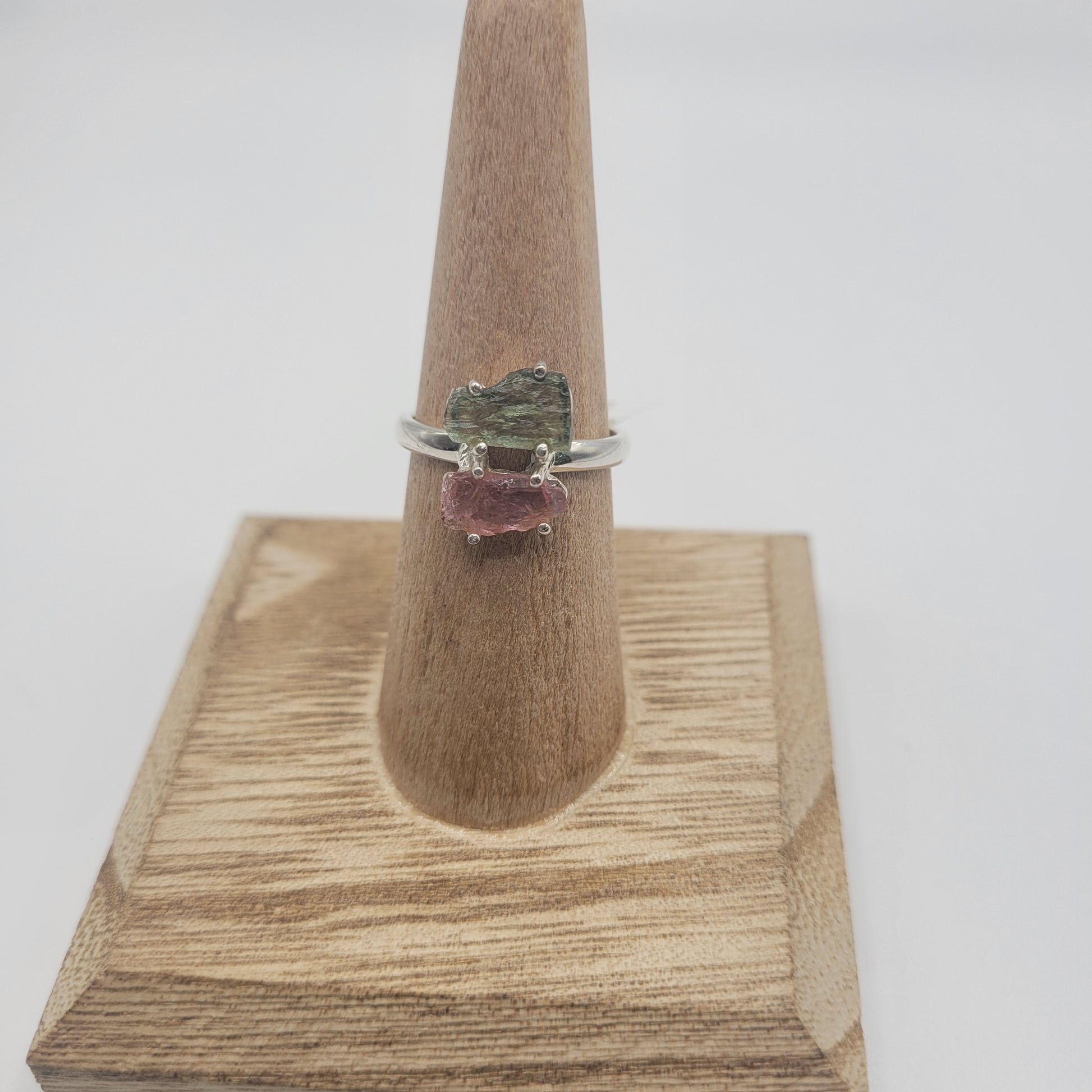 Unique Sterling Silver Moldavite Pink Tourmaline Ring Size 7.
