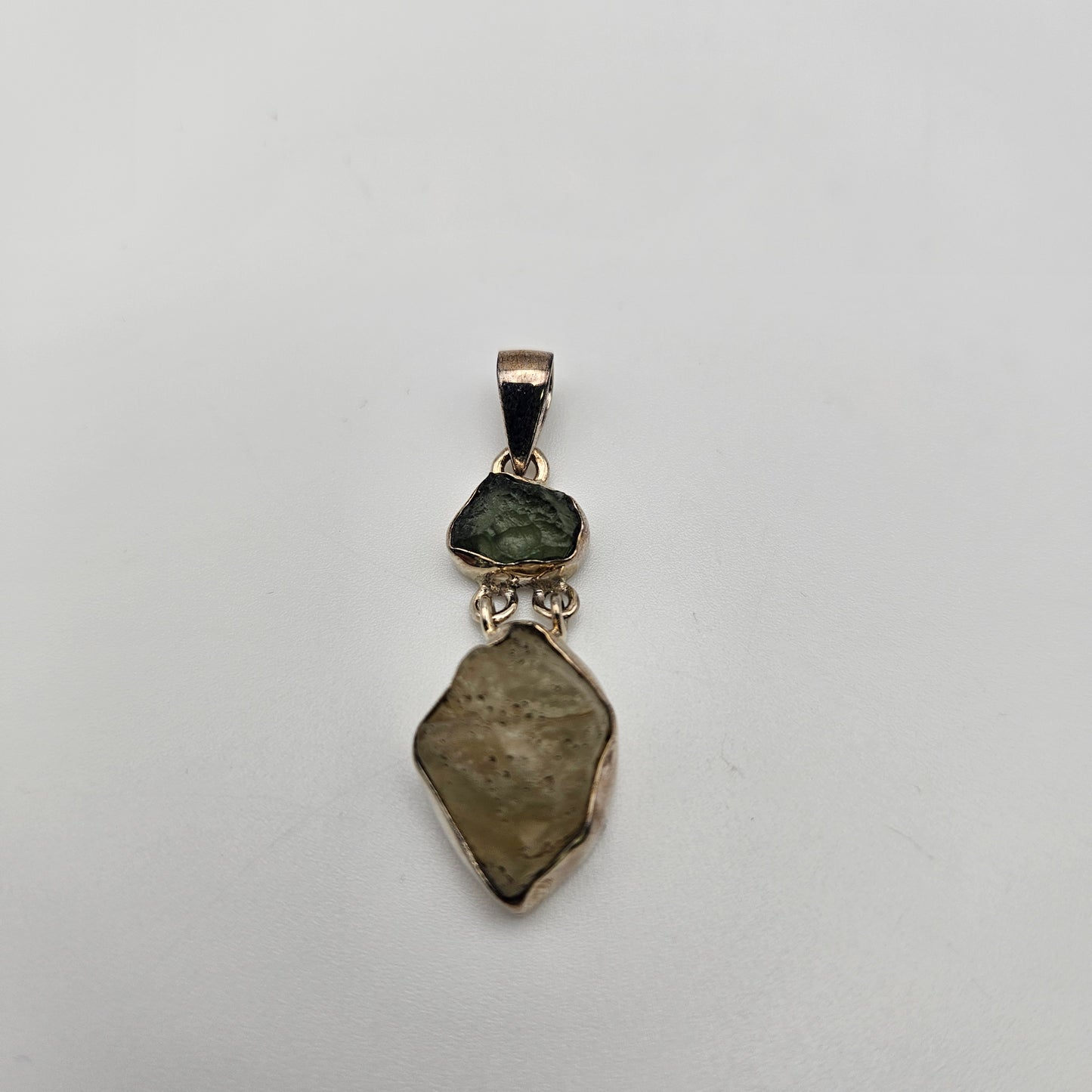 Sterling Silver Moldavite and Desert Glass 2 Stone Combo Pendant.