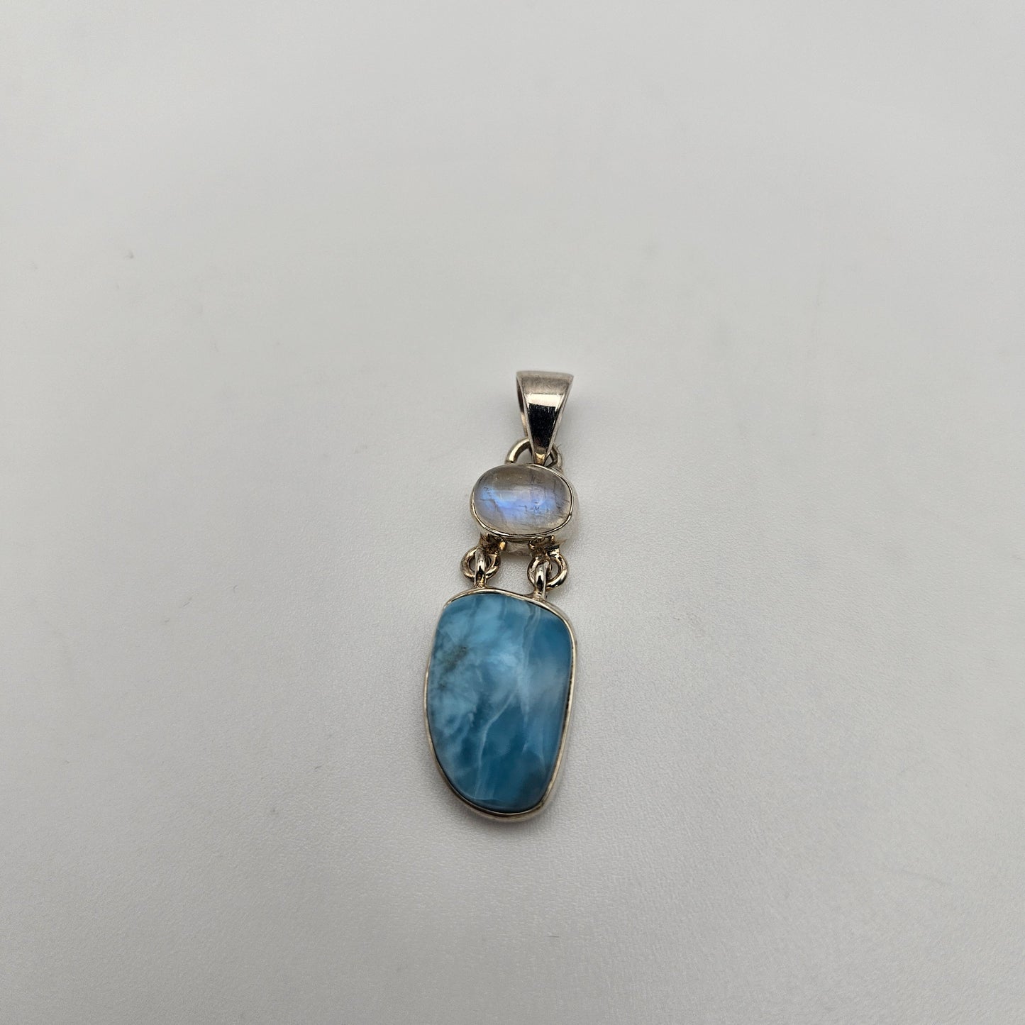 Sterling Silver Moonstone and Larimar 2 Stone Combo Pendant.