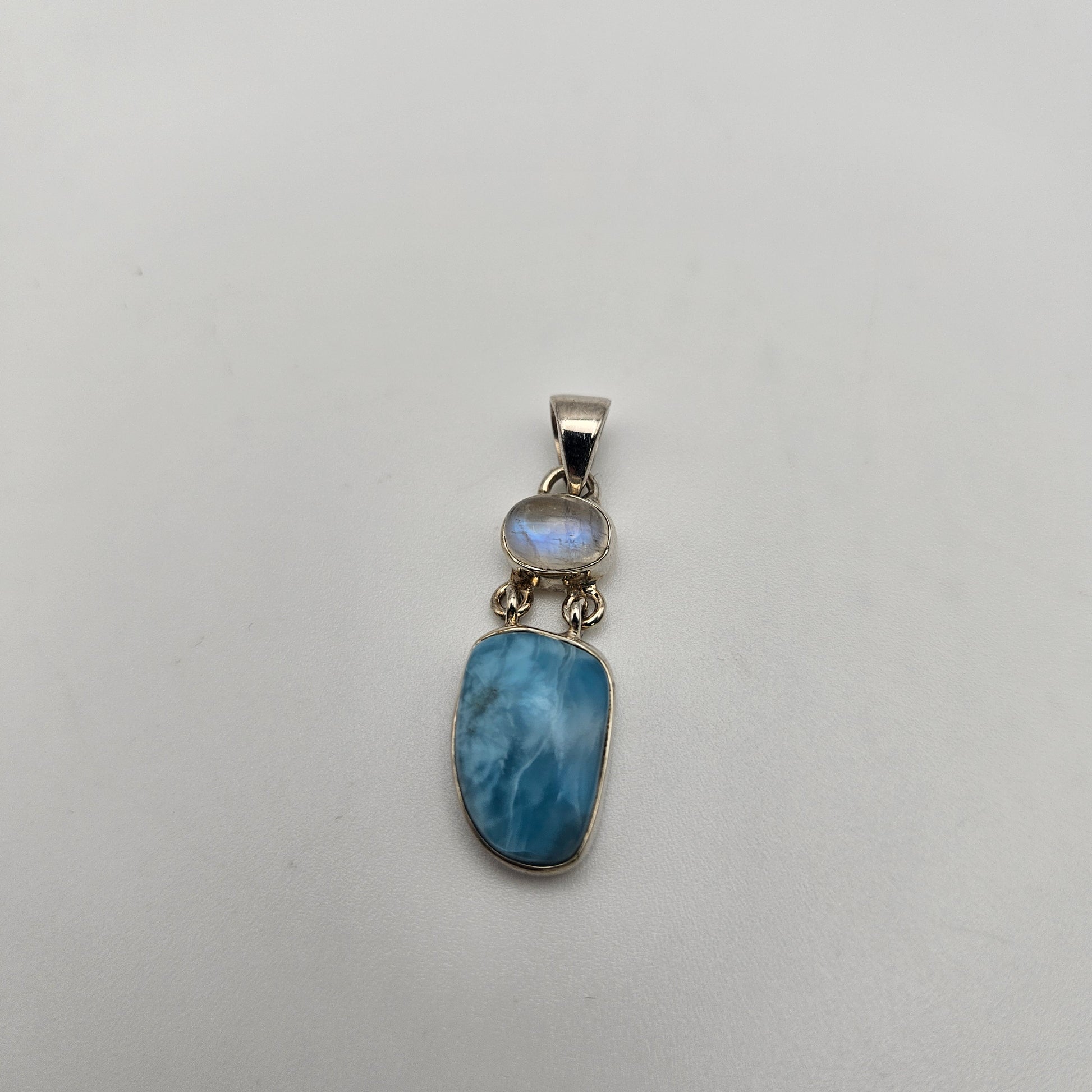 Sterling Silver Moonstone and Larimar 2 Stone Combo Pendant.