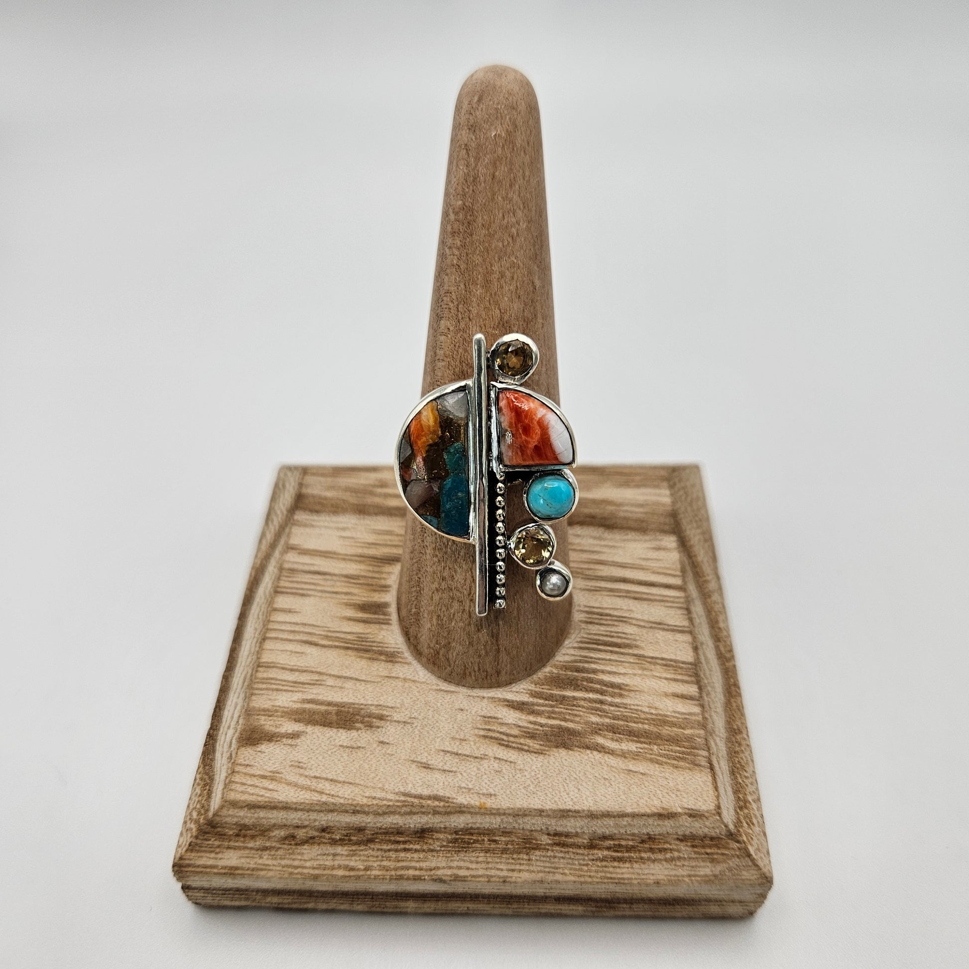 Sterling Silver Mosaic Spiney Oyster Citrine Turquoise Ring Size 8.