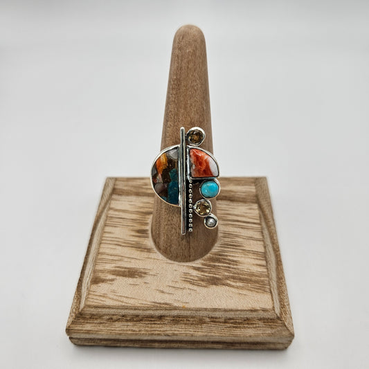 Sterling Silver Mosaic Spiney Oyster Citrine Turquoise Ring Size 8.