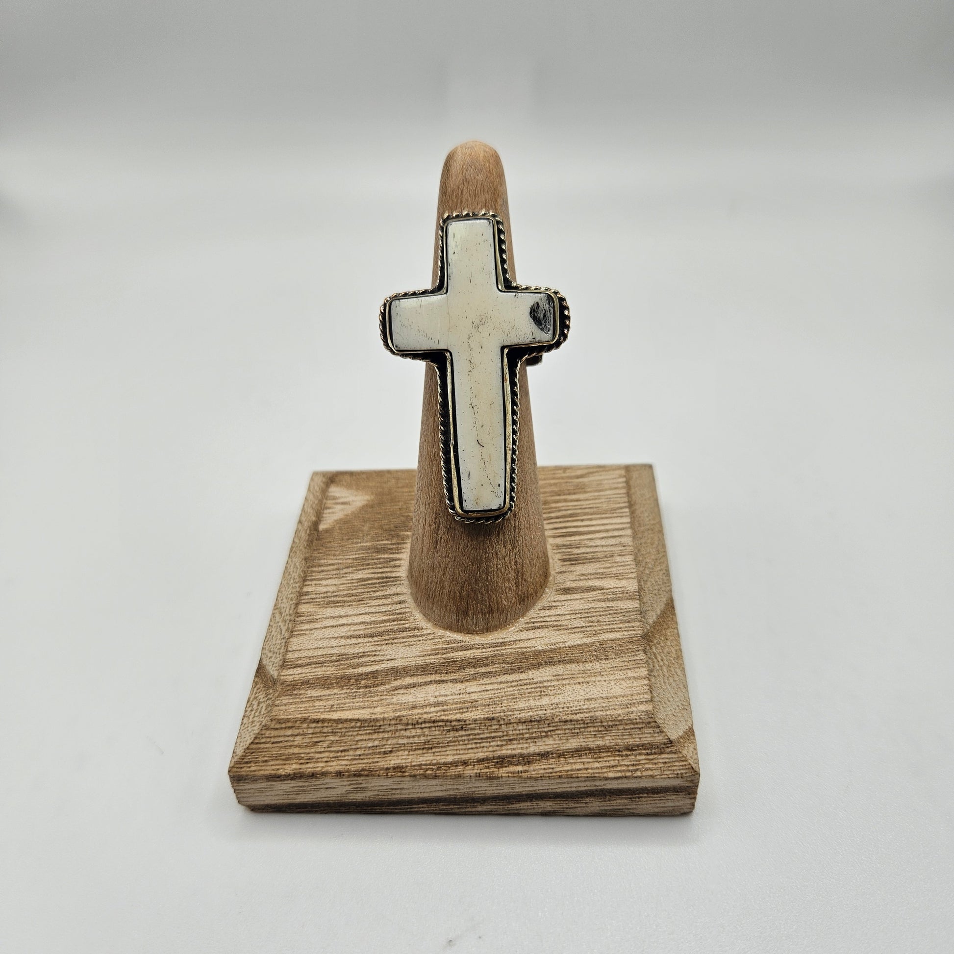 Sterling Silver Ox Bone Cross Ring Adjustable.