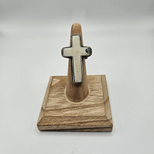 Sterling Silver Ox Bone Cross Ring Adjustable.