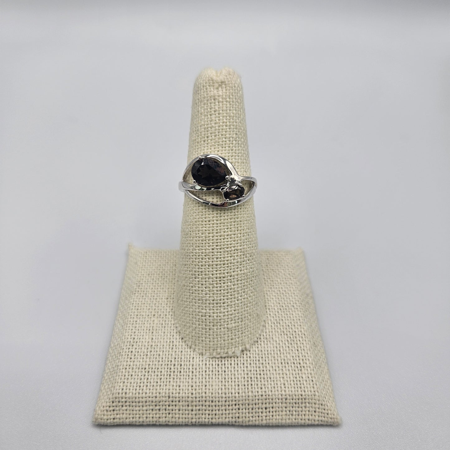Sterling Silver Pear and Round Faceted Smokey Quartz Ring Size 6.