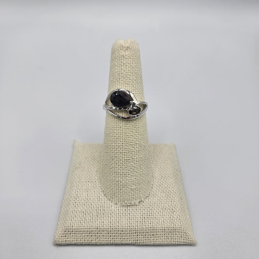 Sterling Silver Pear and Round Faceted Smokey Quartz Ring Size 8