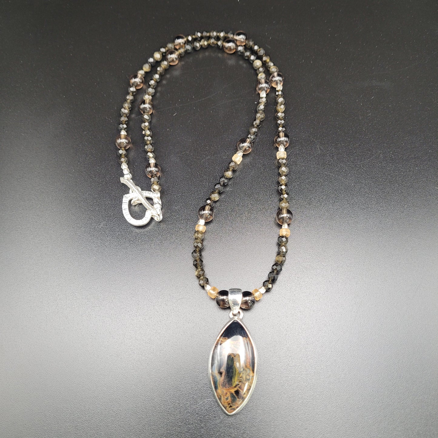 Sterling Silver Pietersite Obsidian Smoky Quartz Necklace.