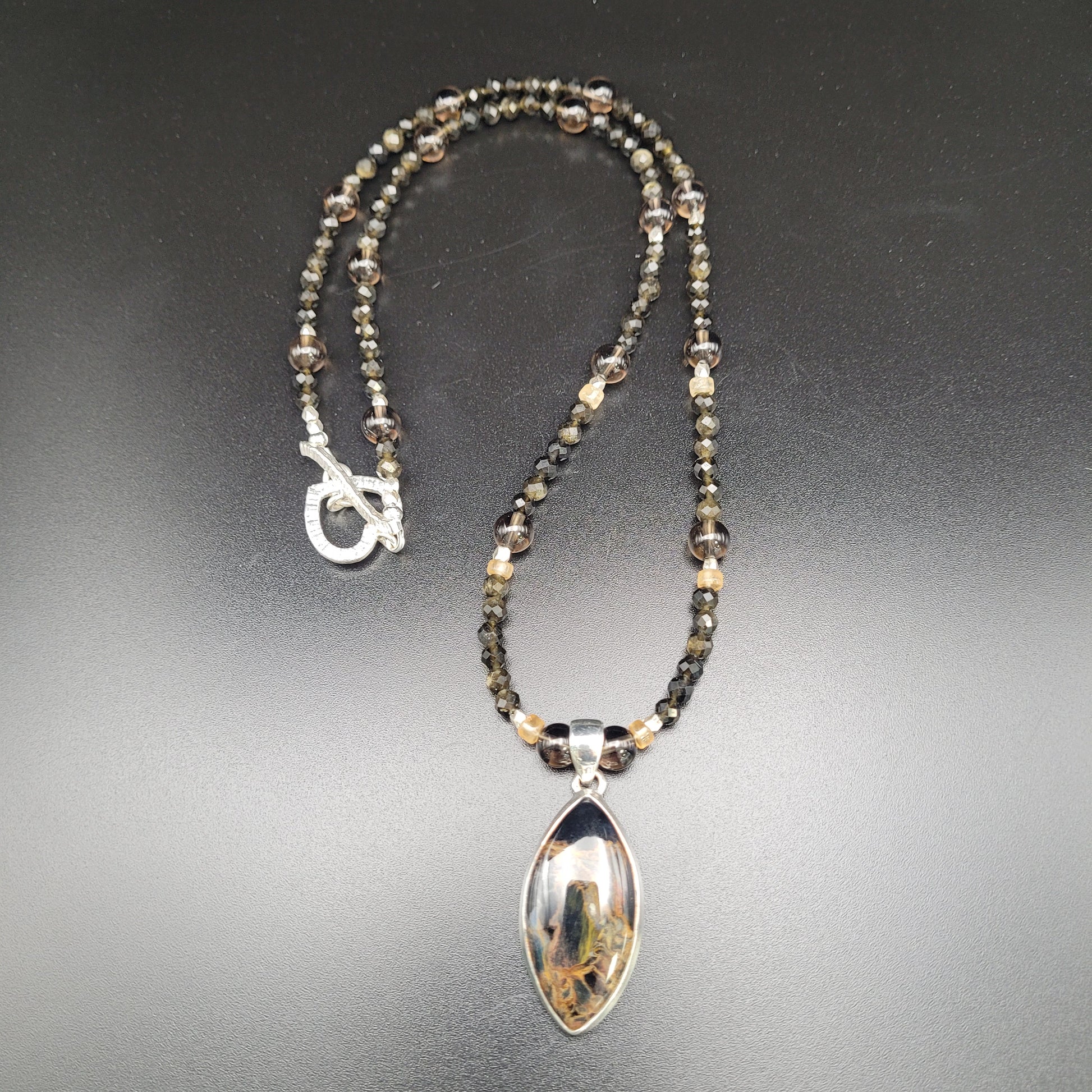 Sterling Silver Pietersite Obsidian Smoky Quartz Necklace.