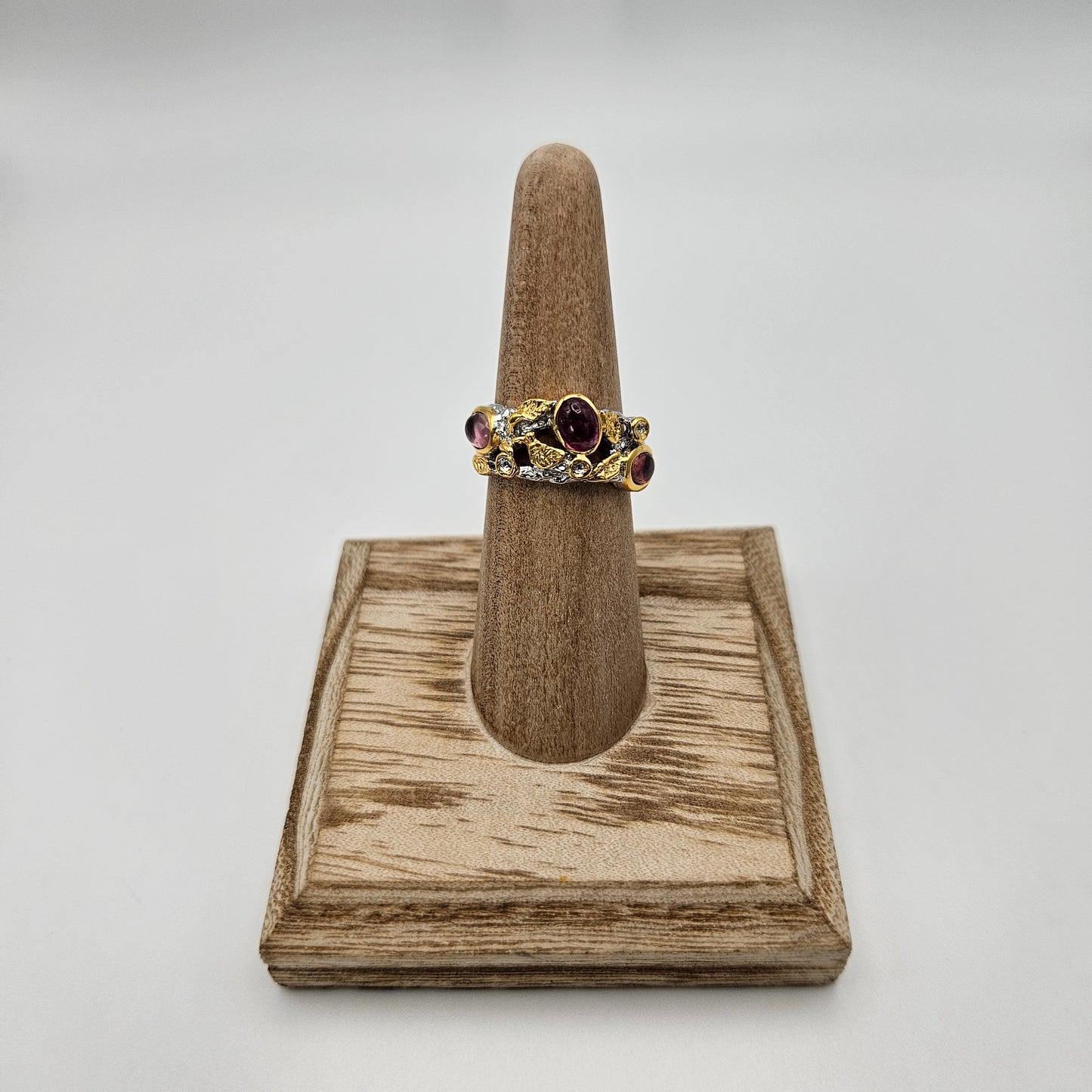 Sterling Silver Pink Tourmaline Sapphire Rhodium Gold Plated Ring Size 6.5.