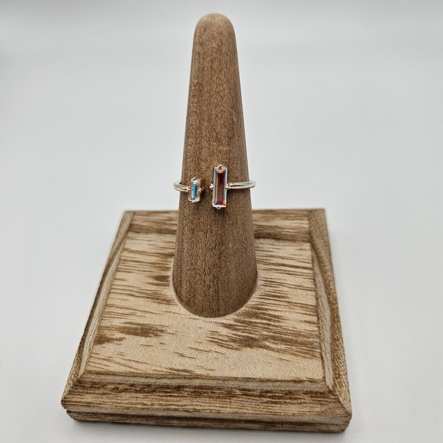 Sterling Silver Rectangular Claw AB Mystic Ring Size 7.