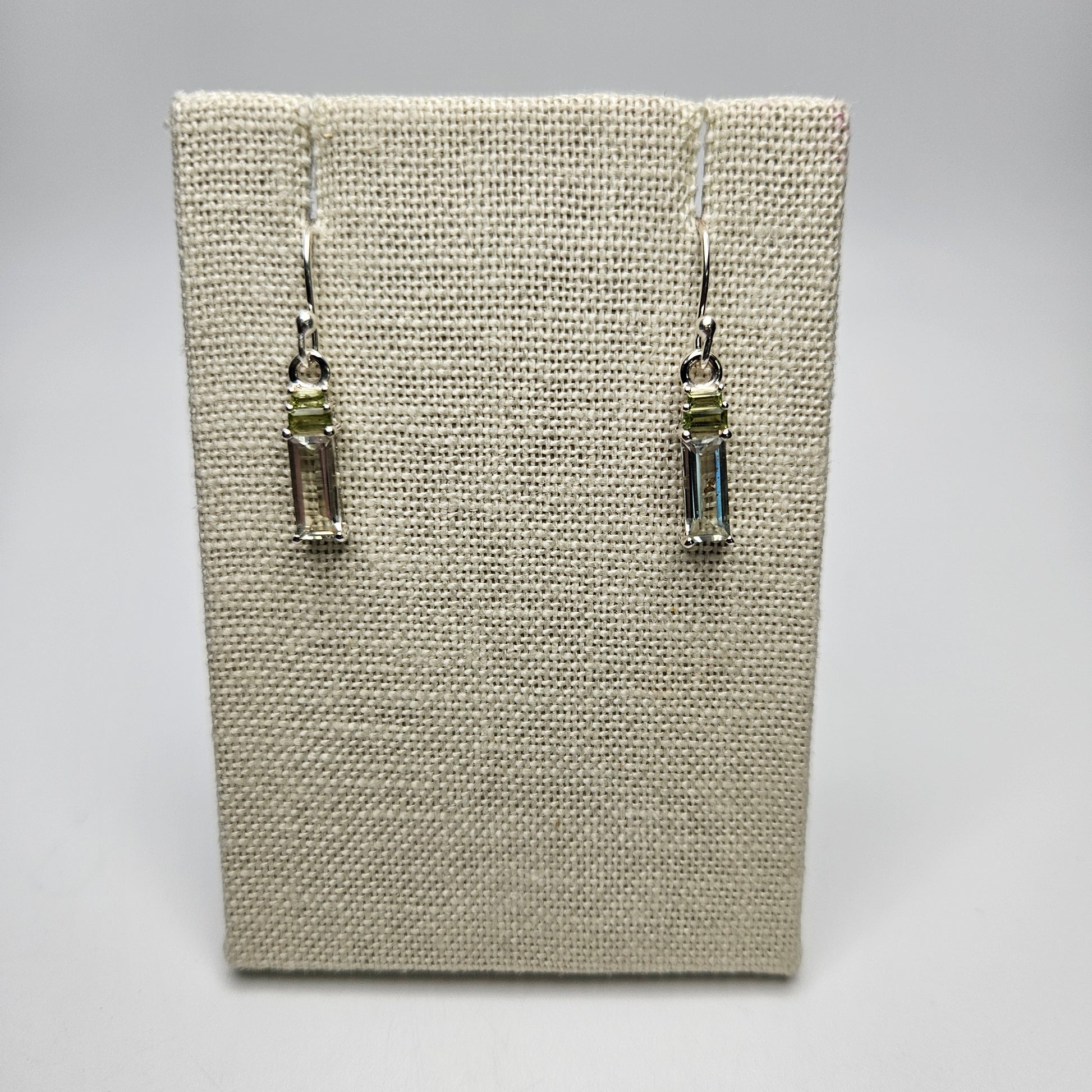 Sterling Silver Rectangular Green Amethyst Dangle Earrings 1 inch.