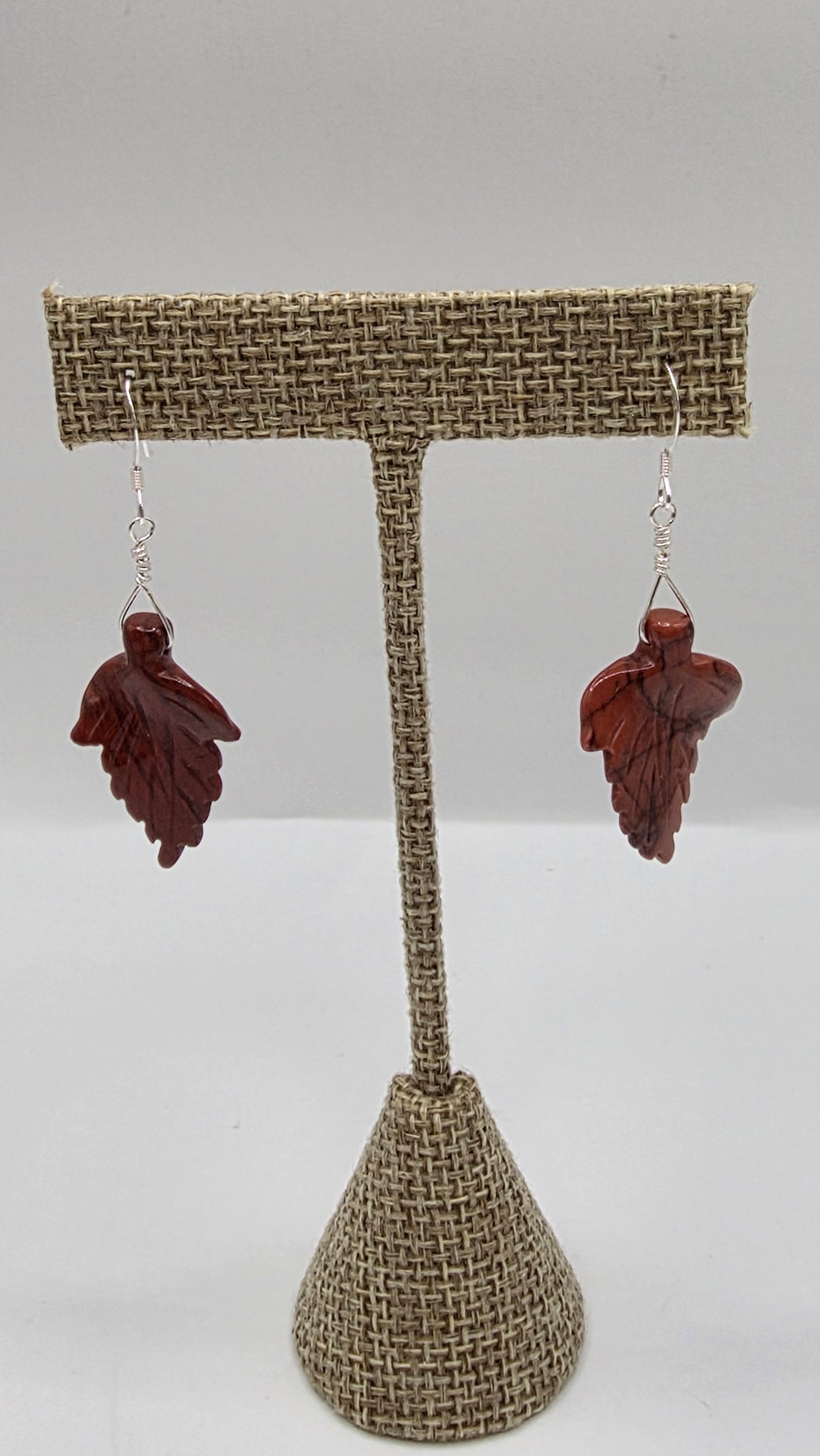 Sterling Silver Red Jasper Leaf Wire Wrap Earrings.