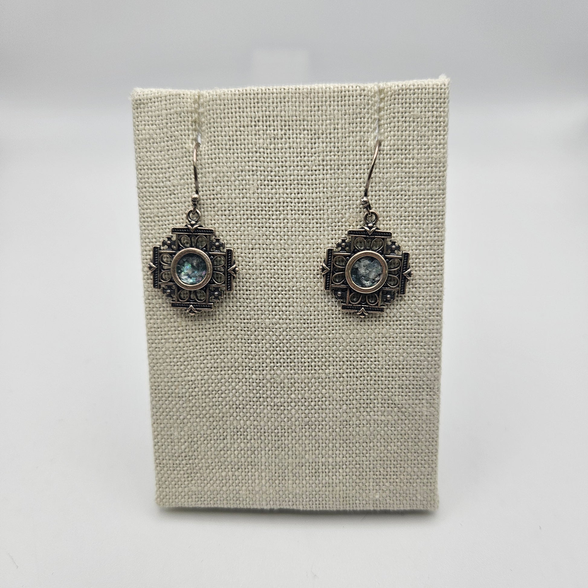 Sterling Silver Roman Glass Cross Dangle Earrings.