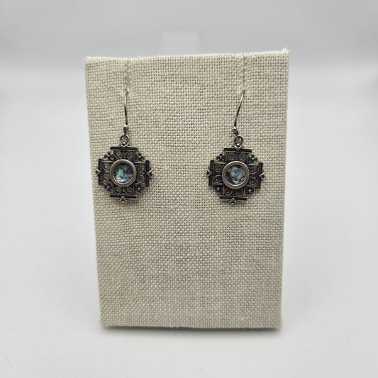 Sterling Silver Roman Glass Cross Dangle Earrings.
