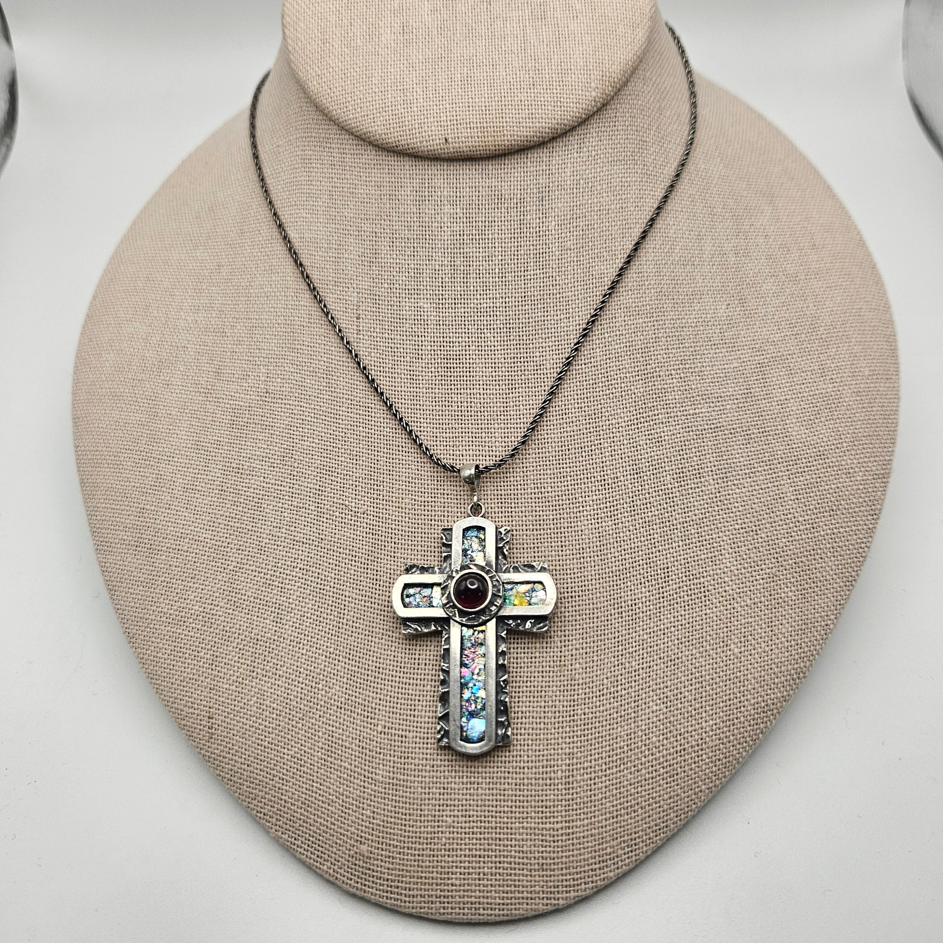 Sterling Silver Roman Glass Large Cross with Garnet Pendant with Chain.