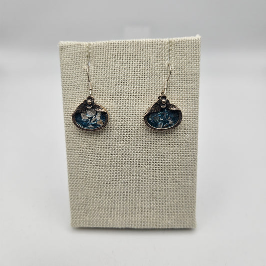 Sterling Silver Roman Glass Oval Flower Dangle Earrings.