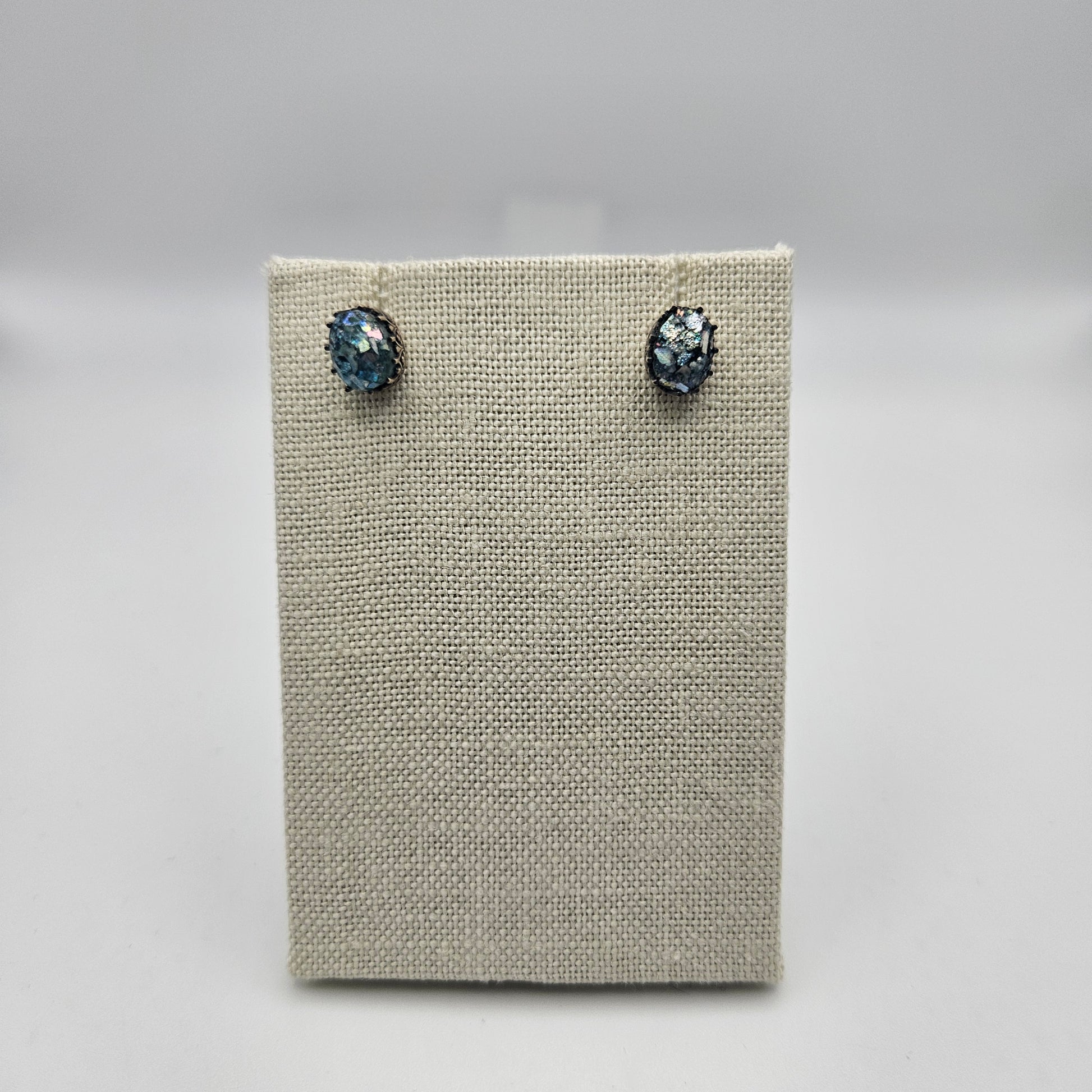 Sterling Silver Roman Glass Oval Stud Earrings.