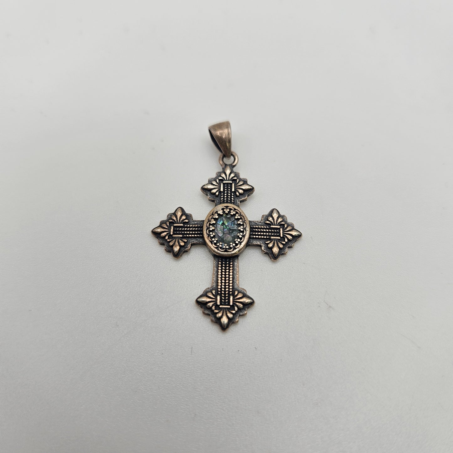 Sterling Silver Roman Glass Pointed Cross Pendant.