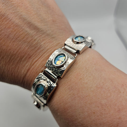 Sterling Silver Roman Glass Rectangle Link Bracelet 7 inch.