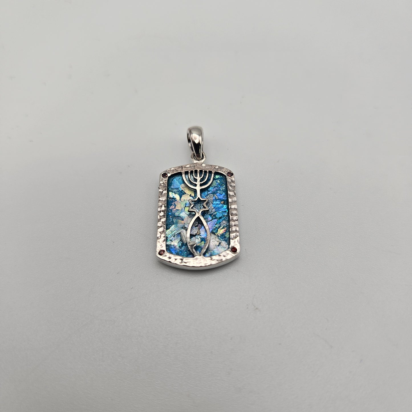Sterling Silver Roman Glass Rectangle Menorah Pendant.