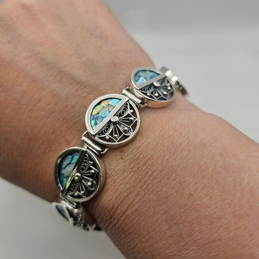 Sterling Silver Roman Glass Round Link Bracelet 8 inch.