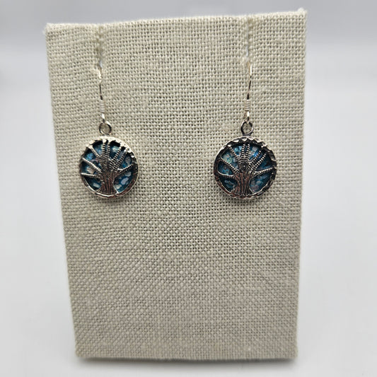 Sterling Silver Roman Glass Round Tree of Life Dangle Earrings.