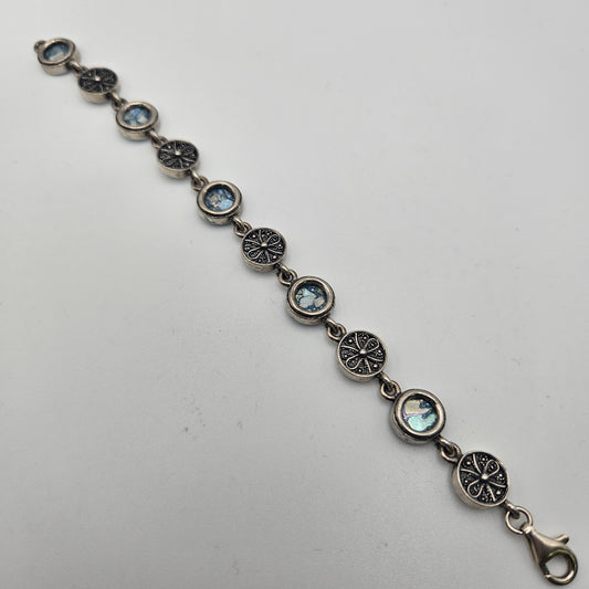 Sterling Silver Roman Glass Small Round Link Bracelet 7 inch.