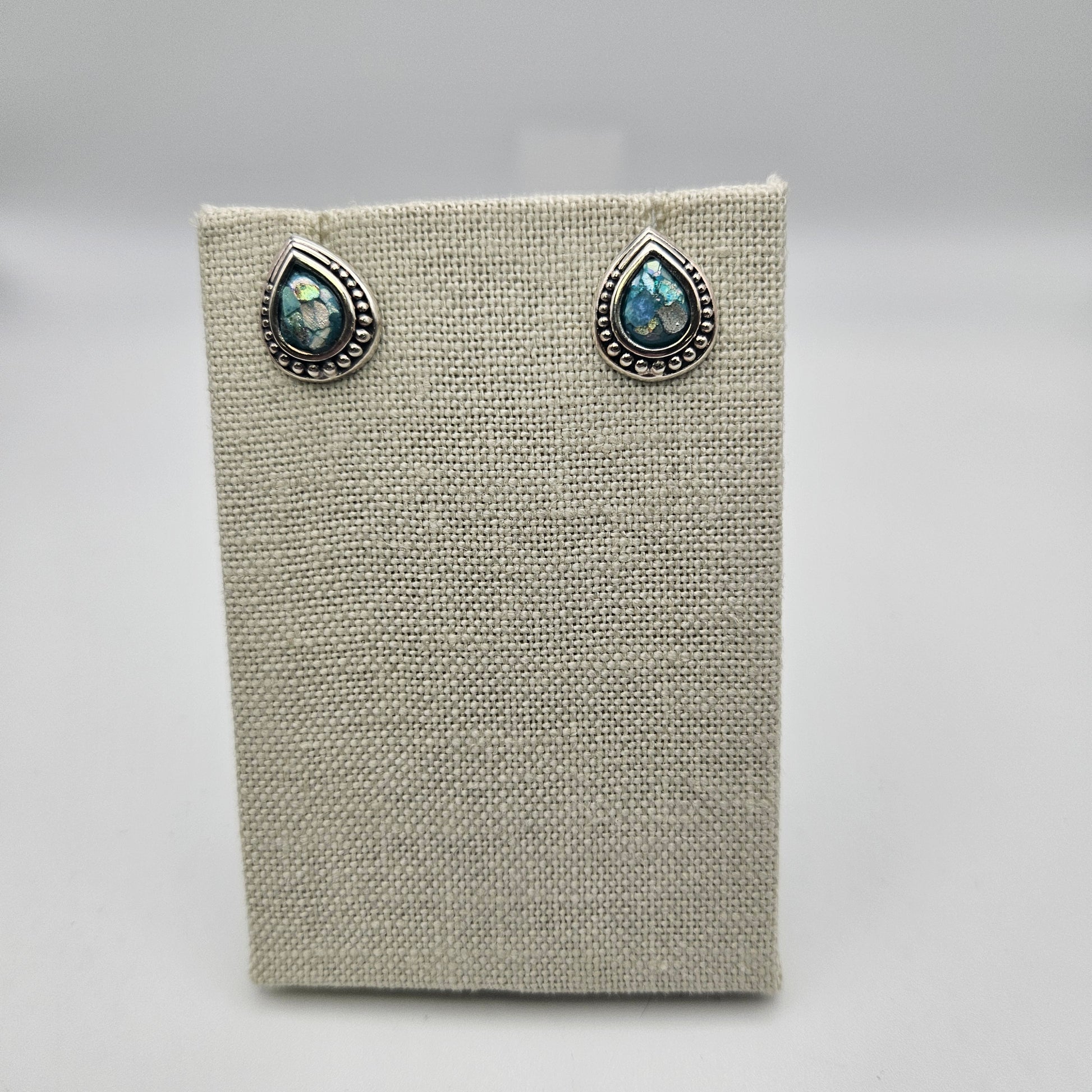 Sterling Silver Roman Glass Teardrop Stud Earrings.