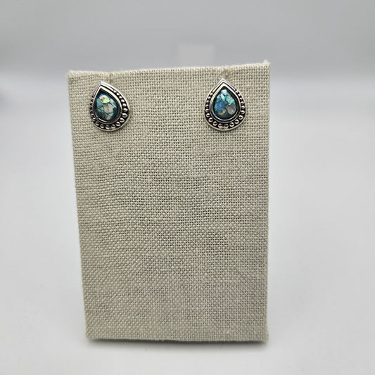 Sterling Silver Roman Glass Teardrop Stud Earrings.