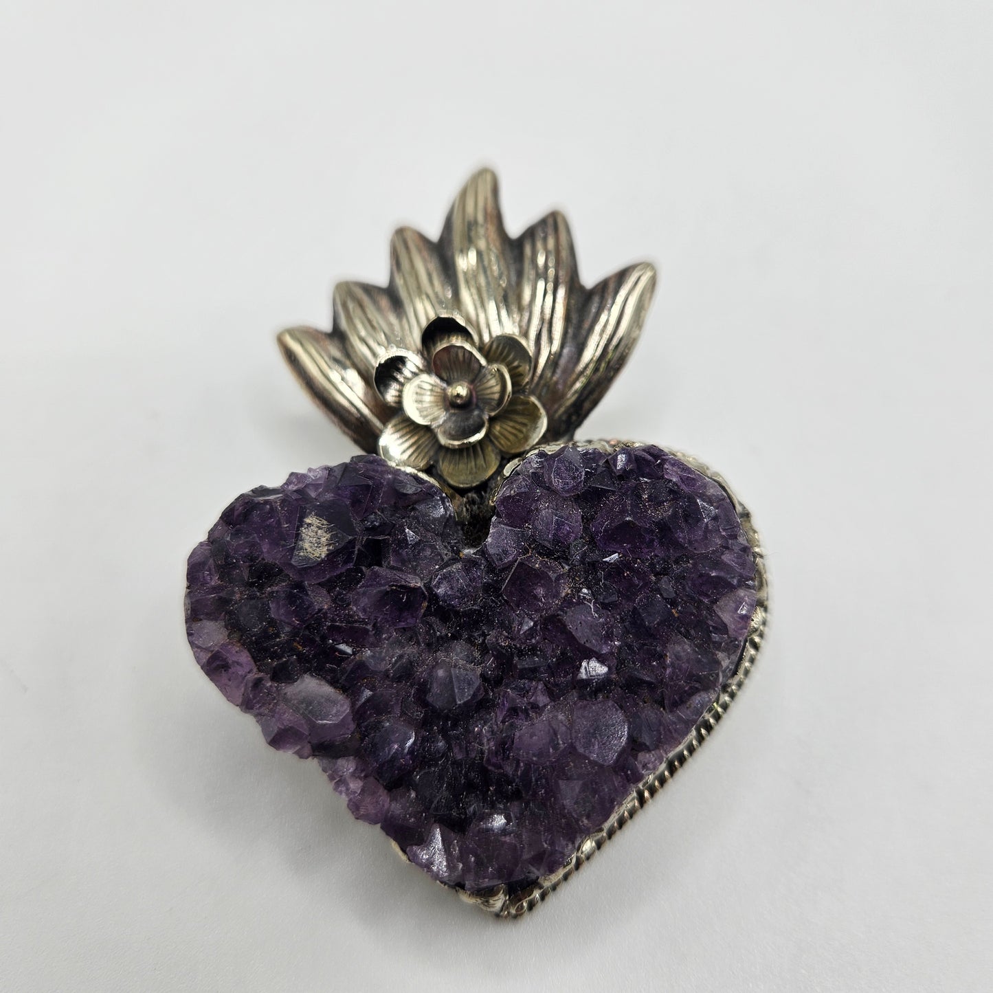 Sterling Silver Rough Amethyst Heart Flower Pendant.