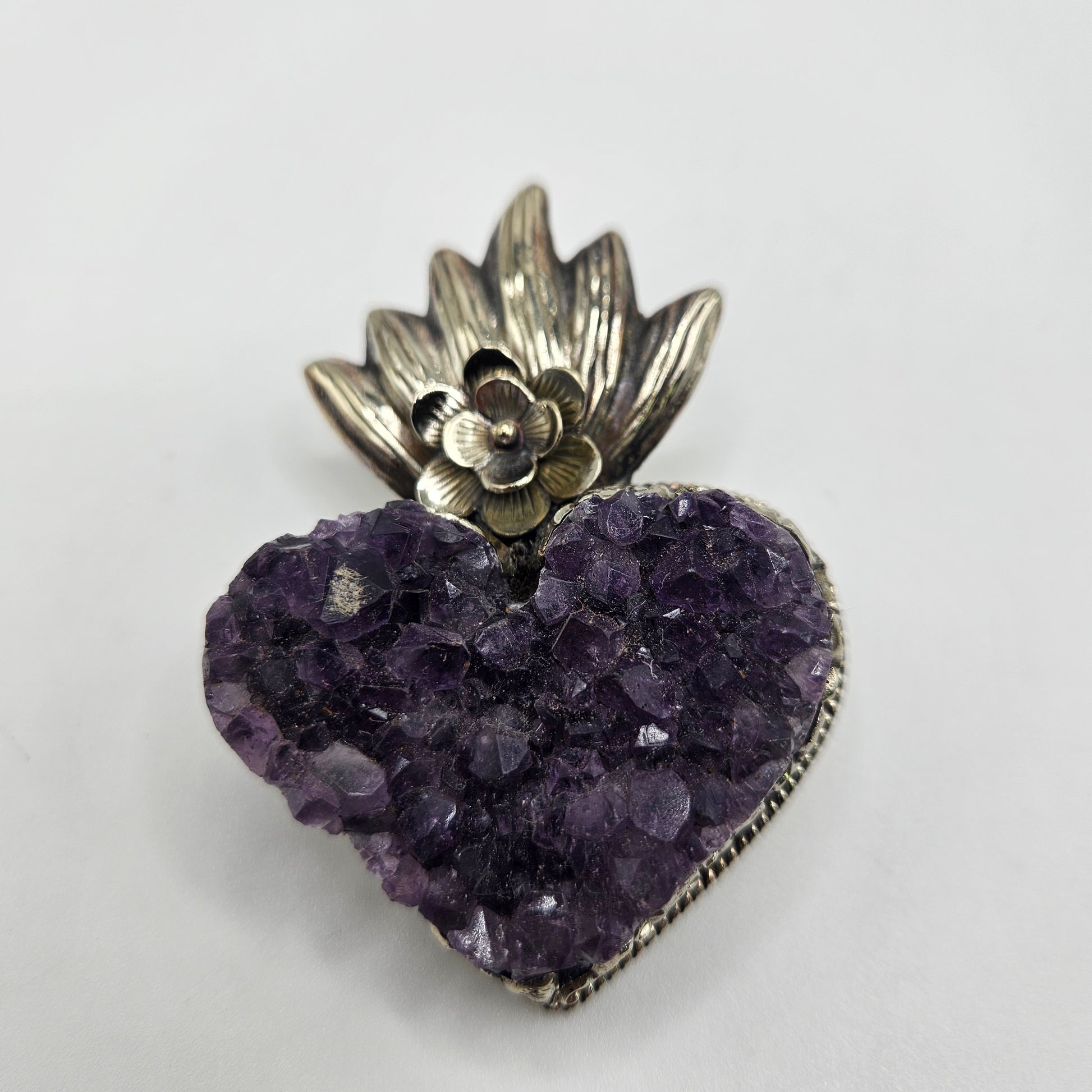 Sterling Silver Rough Amethyst Heart Flower Pendant.
