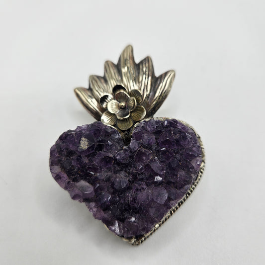 Sterling Silver Rough Amethyst Heart Flower Pendant.