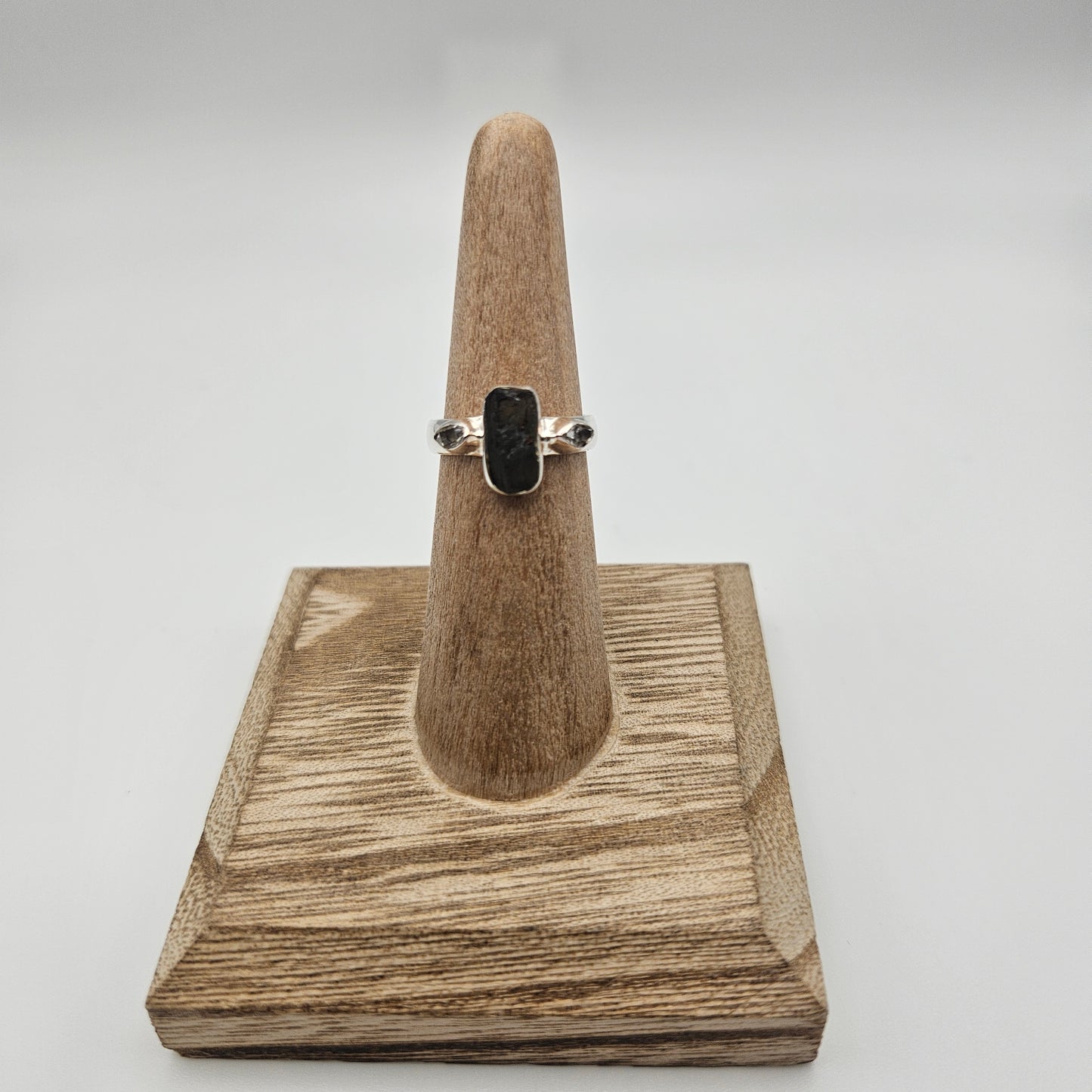 Sterling Silver Rough Moldavite and Pakimer Diamond 3 Stone Ring.