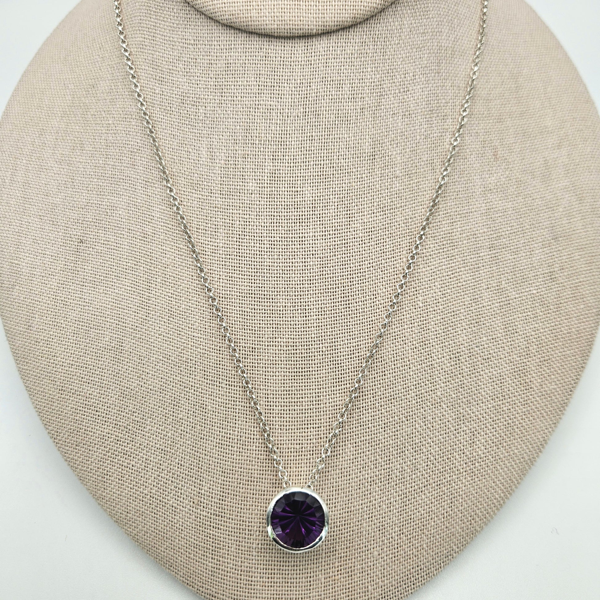 Sterling Silver Round Bezel Cut Amethyst Box Necklace Adjustable 18 inch.