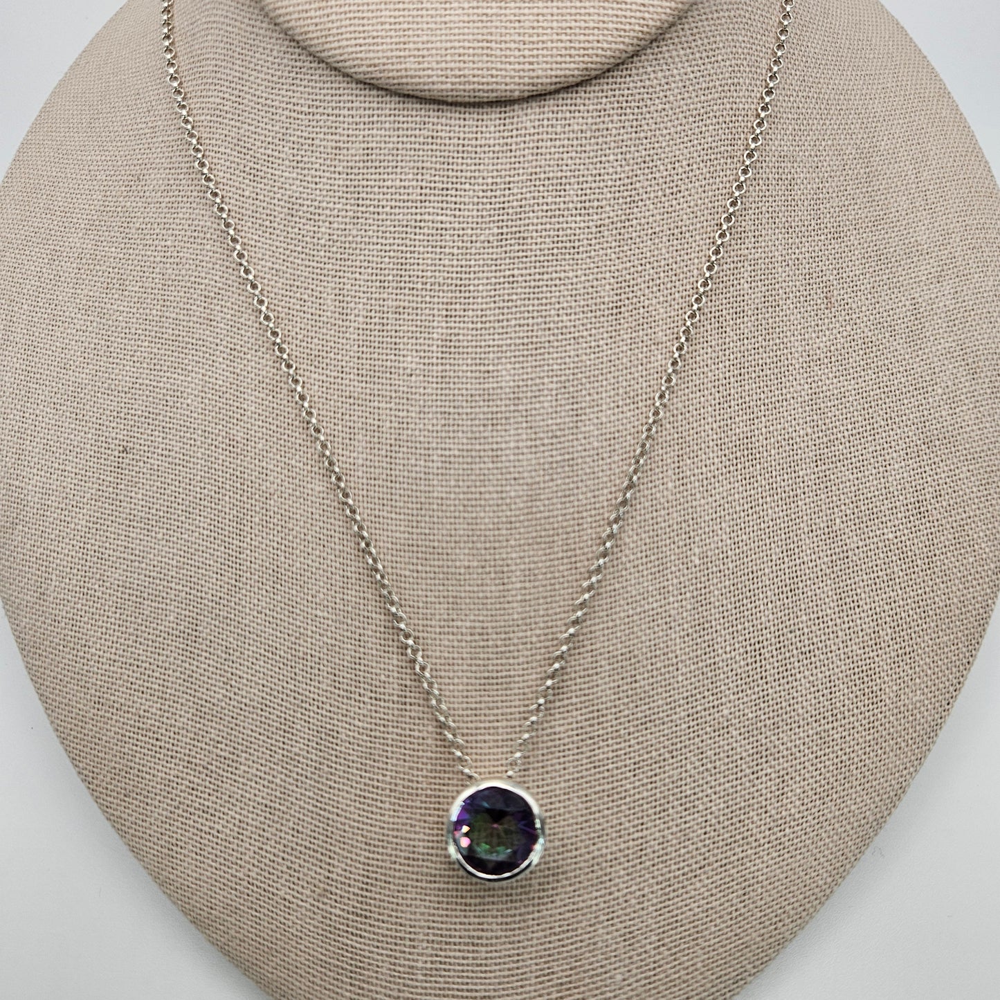 Sterling Silver Round Bezel Cut Mystic Topaz Box Necklace Adjustable 18 inch.