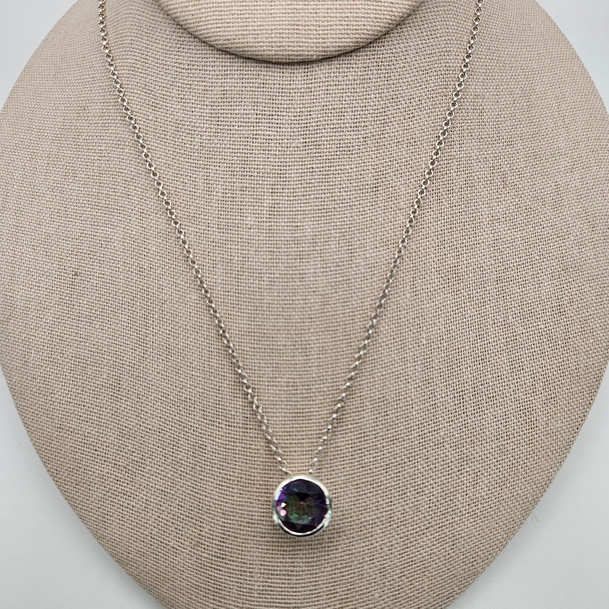 Sterling Silver Round Bezel Cut Mystic Topaz Box Necklace Adjustable 18 inch.
