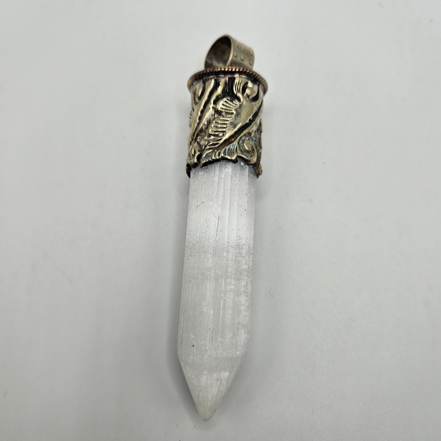 Sterling Silver Selenite Point Ornate Pendant 4 inch.