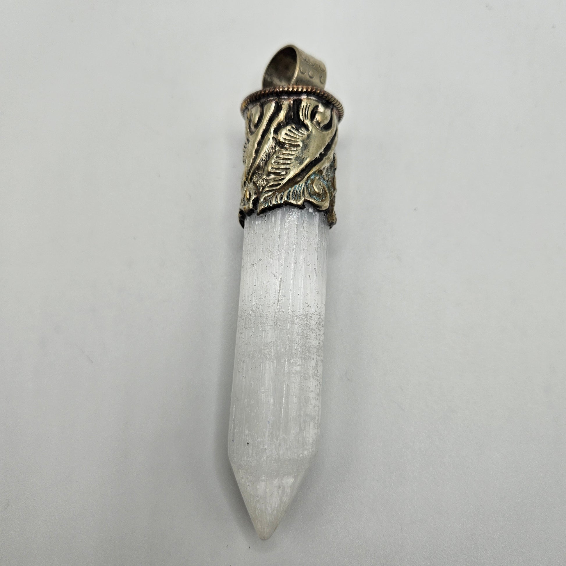 Sterling Silver Selenite Point Ornate Pendant 4 inch.