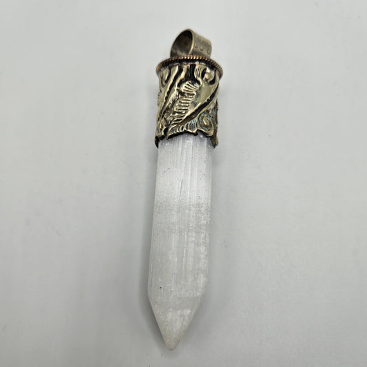 Sterling Silver Selenite Point Ornate Pendant 4 inch.
