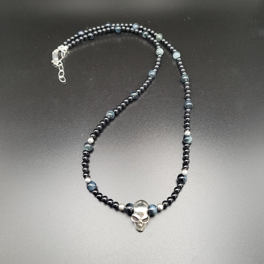 Sterling Silver Skull, Spinel, and Blue Tiger's Eye Necklace.
